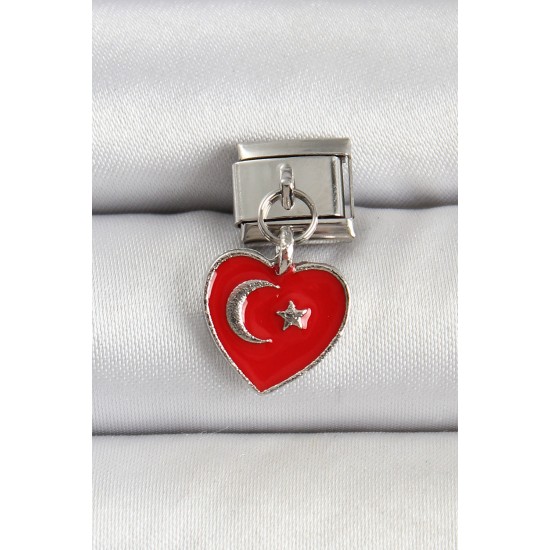 316L Çelik Gümüş Renk Kalp Türk Bayrağı Model Nomination Charm - TJ-BC1498