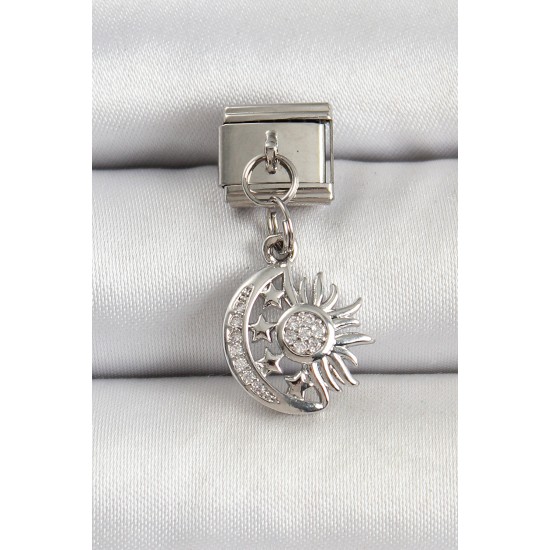 316L Çelik Gümüş Renk Ay ve Güneş Model Nomination Charm - TJ-BC1499
