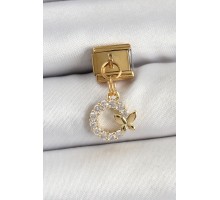 316L Çelik Sallantılı Zirkon Taşlı Kelebek Detaylı Halka Model Gold Renk Nomination Charm - TJ-BC1440