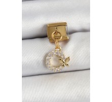 316L Çelik Sallantılı Zirkon Taşlı Kelebek Detaylı Halka Model Gold Renk Nomination Charm - TJ-BC1440