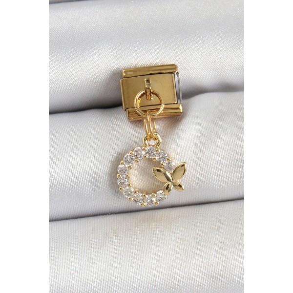 316L Çelik Sallantılı Zirkon Taşlı Kelebek Detaylı Halka Model Gold Renk Nomination Charm - TJ-BC1440