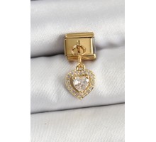 316L Çelik Sallantılı Zirkon Taşlı Kalp Model Gold Renk Nomination Charm - TJ-BC1442