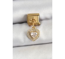 316L Çelik Sallantılı Zirkon Taşlı Kalp Model Gold Renk Nomination Charm - TJ-BC1442