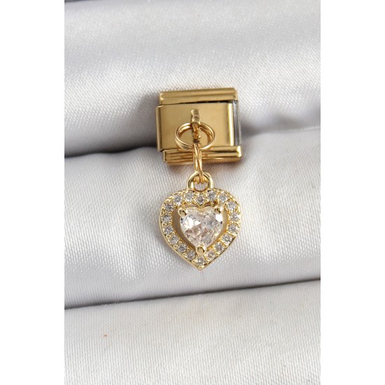316L Çelik Sallantılı Zirkon Taşlı Kalp Model Gold Renk Nomination Charm - TJ-BC1442