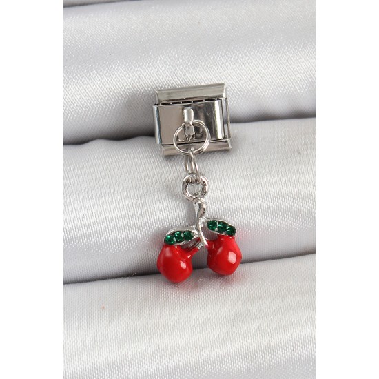 316L Çelik Sallantılı Kırmızı Kiraz Model Gümüş Renk Nomination Charm - TJ-BC1443