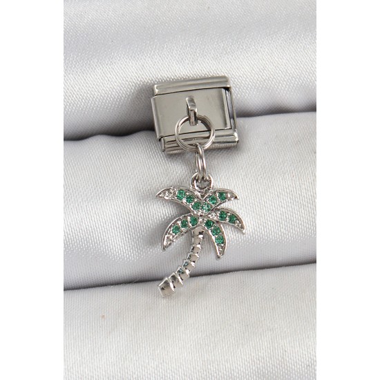 316L Çelik Sallantılı Zirkon Taşlı Palmiye Ağacı Model Gümüş Renk Nomination Charm - TJ-BC1445