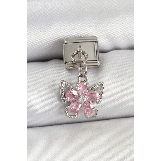 316L Çelik Sallantılı Zirkon Taşlı Çiçek Figürlü Kelebek Model Gümüş Renk Nomination Charm - TJ-BC1447