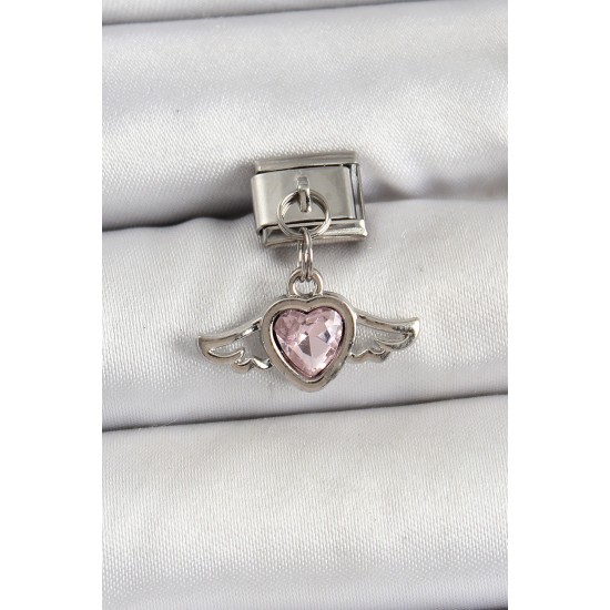 316L Çelik Gümüş Renk Pembe Kanatlı Kalp Model Nomination Charm - TJ-BC1489