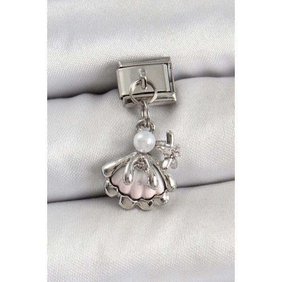 316L Çelik Sallantılı İnci Detaylı İstiridye Model Gümüş Renk Nomination Charm - TJ-BC1453