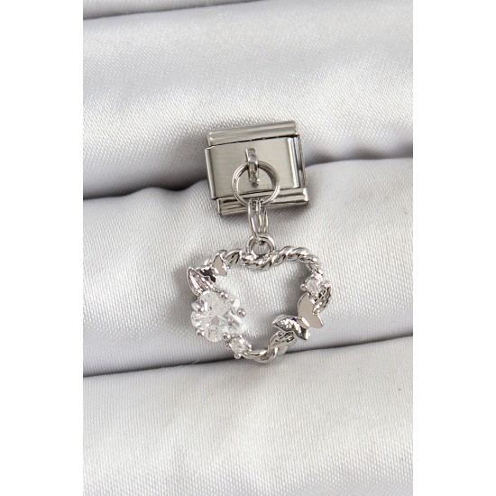 316L Çelik Sallantılı Zirkon Taşlı Kalp Model Gümüş Renk Nomination Charm - TJ-BC1455