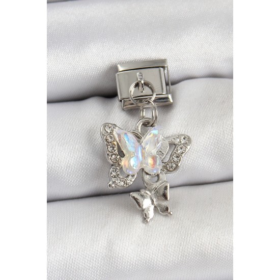 316L Çelik Sallantılı Zirkon Taşlı Kelebek Model Gümüş Renk Nomination Charm - TJ-BC1458