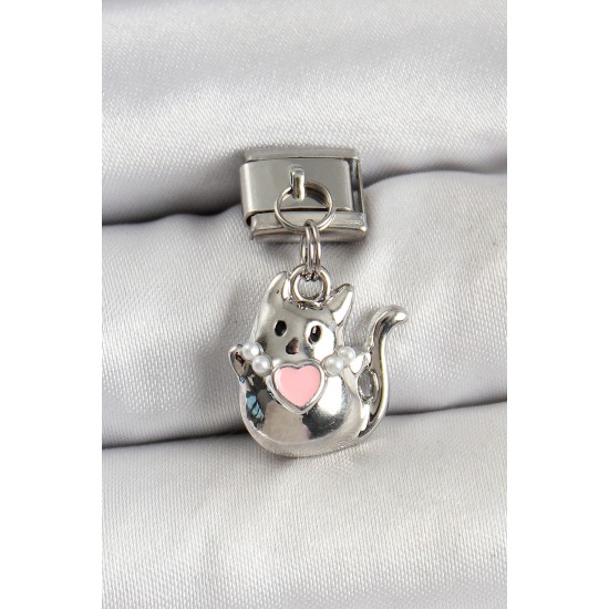 316L Çelik Sallantılı Kalp Detaylı Kedi Model Gümüş Renk Nomination Charm - TJ-BC1460