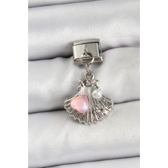 316L Çelik Sallantılı İnci Detaylı İstiridye Model Gümüş Renk Nomination Charm - TJ-BC1464