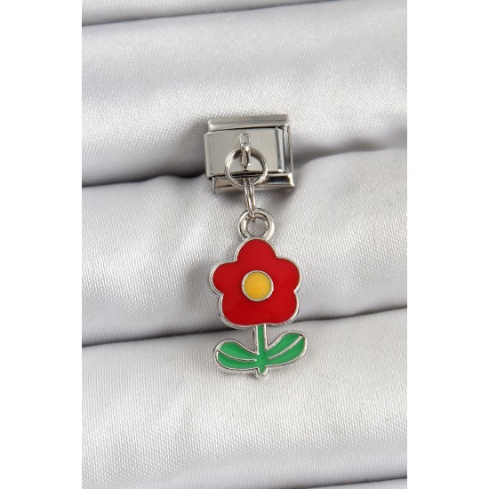 316L Çelik Sallantılı Kırmızı Papatya Model Gümüş Renk Nomination Charm - TJ-BC1466