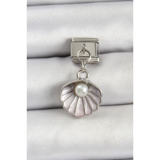 316L Çelik Sallantılı İnci Detaylı İstiridye Model Gümüş Renk Nomination Charm - TJ-BC1471