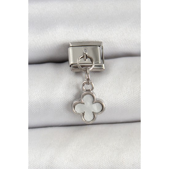 316L Çelik Sallantılı Beyaz Sedef Yonca Model Gümüş Renk Nomination Charm - TJ-BC1472