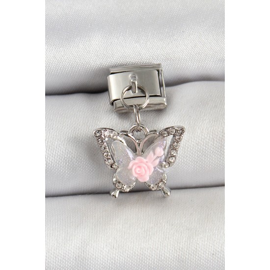 316L Çelik Sallantılı Gül Detaylı Zirkon Taşlı Kelebek Model Gümüş Renk Nomination Charm - TJ-BC1474