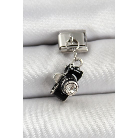 316L Çelik Sallantılı Zirkon Taşlı Fotoğraf Makinesi Model Gümüş Renk Nomination Charm - TJ-BC1477