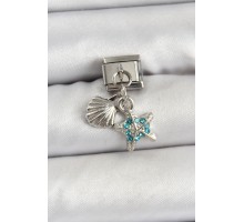 316L Çelik Sallantılı İnci Detaylı Zirkon Taşlı İstiridye Ve Yıldız Model Gümüş Renk Nomination Charm - TJ-BC1482