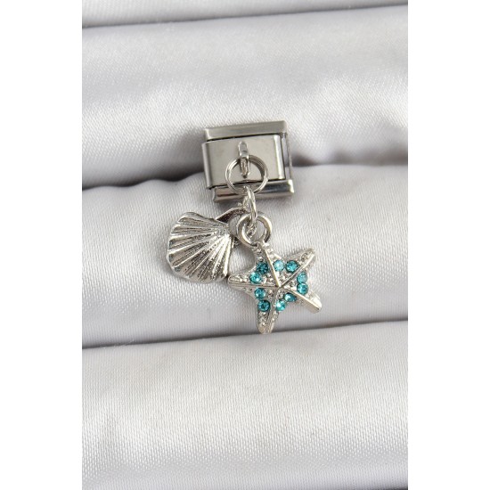 316L Çelik Sallantılı İnci Detaylı Zirkon Taşlı İstiridye Ve Yıldız Model Gümüş Renk Nomination Charm - TJ-BC1482