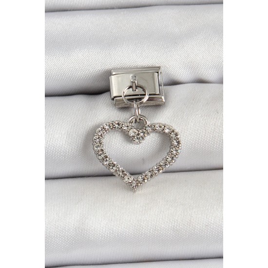 316L Çelik Sallantılı Zirkon Taşlı Kalp Model Gümüş Renk Nomination Charm - TJ-BC1483