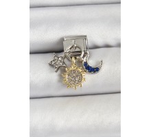 316L Çelik Sallantılı Zirkon Taşlı Güneş Ay Ve Yıldız Çoklu Model Gümüş Renk Nomination Charm - TJ-BC1484