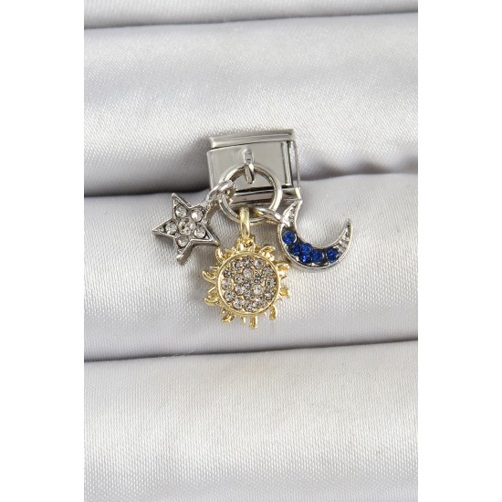 316L Çelik Sallantılı Zirkon Taşlı Güneş Ay Ve Yıldız Çoklu Model Gümüş Renk Nomination Charm - TJ-BC1484