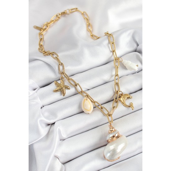 316L Çelik Gold Renk Deniz Kabuğu ve Yıldızı Konseptli Kadın Kolye - TJ-BKO10292