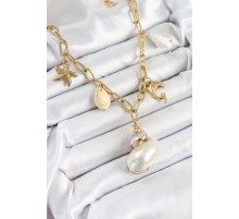 316L Çelik Gold Renk Deniz Kabuğu ve Yıldızı Konseptli Kadın Kolye - TJ-BKO10292