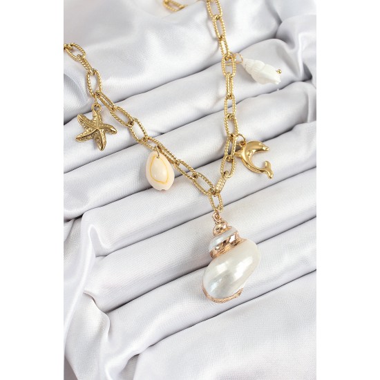 316L Çelik Gold Renk Deniz Kabuğu ve Yıldızı Konseptli Kadın Kolye - TJ-BKO10292