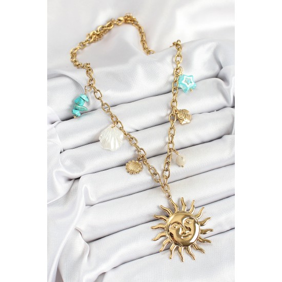 316L Çelik Gold Renk Güneş ve Deniz Kabukları Konsept Kadın Kolye - TJ-BKO10293