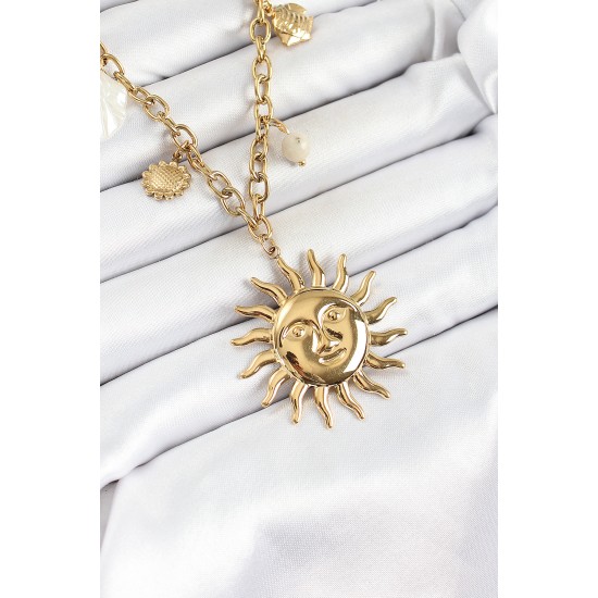 316L Çelik Gold Renk Güneş ve Deniz Kabukları Konsept Kadın Kolye - TJ-BKO10293