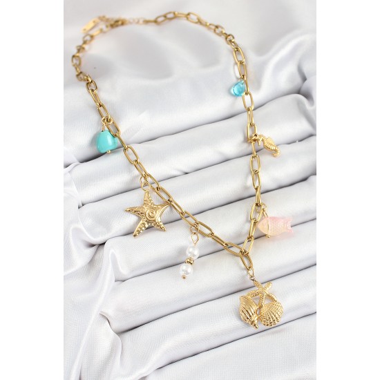 316L Çelik Gold Renk Deniz Yıldızı ve Deniz Kabuğu Konsept Kadın Kolye - TJ-BKO10294