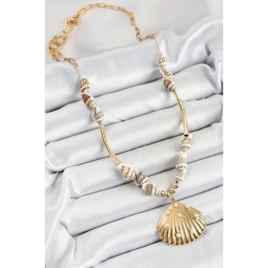 316L Çelik Gold Renk Deniz Kabuğu Modelli Kadın Kolye - TJ-BKO10295