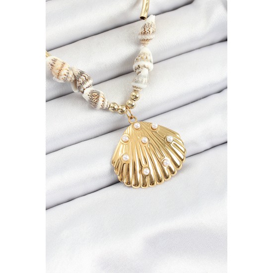 316L Çelik Gold Renk Deniz Kabuğu Modelli Kadın Kolye - TJ-BKO10295