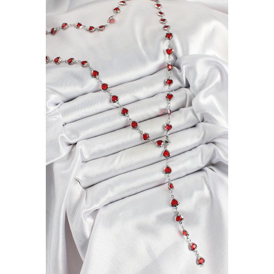 Pirinç Gümüş Renk Kırmızı Zirkon Taşlı Kalpli Y Kadın Kolye - TJ-BKO10296