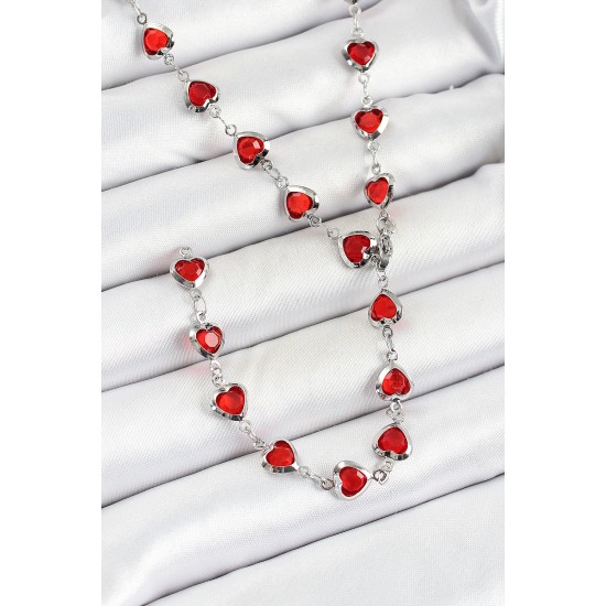 Pirinç Gümüş Renk Kırmızı Zirkon Taşlı Kalpli Y Kadın Kolye - TJ-BKO10296