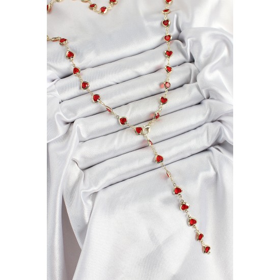 Pirinç Gold Renk Kırmızı Zirkon Taşlı Kalpli Y Kadın Kolye - TJ-BKO10297