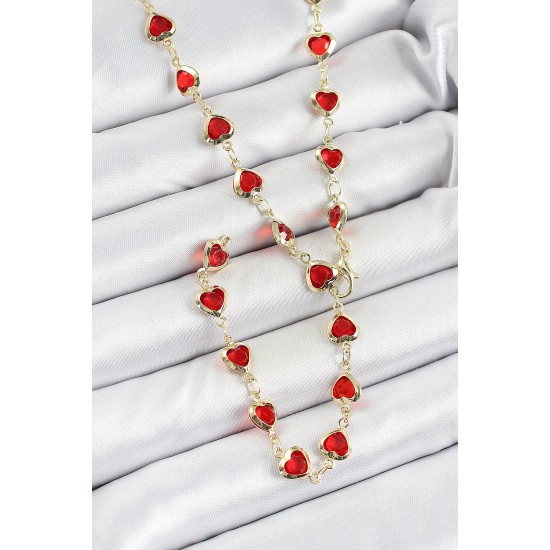 Pirinç Gold Renk Kırmızı Zirkon Taşlı Kalpli Y Kadın Kolye - TJ-BKO10297