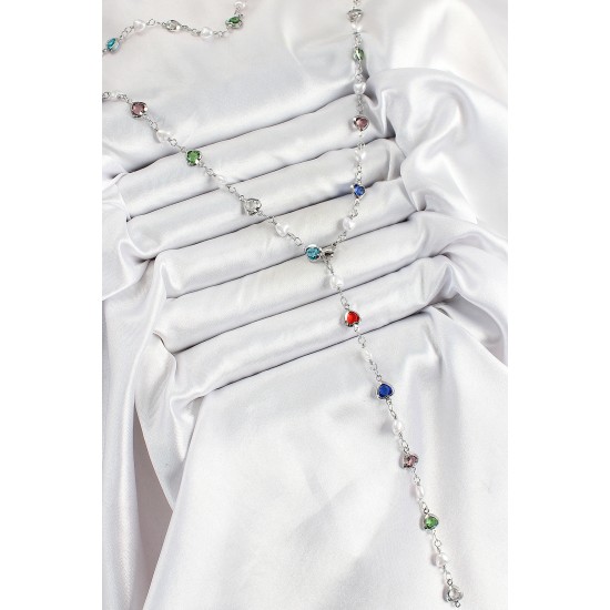 Pirinç Gümüş Renk İncili Zirkon Taşlı Kalpli Y Kadın Kolye - TJ-BKO10298