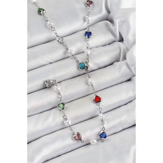 Pirinç Gümüş Renk İncili Zirkon Taşlı Kalpli Y Kadın Kolye - TJ-BKO10298