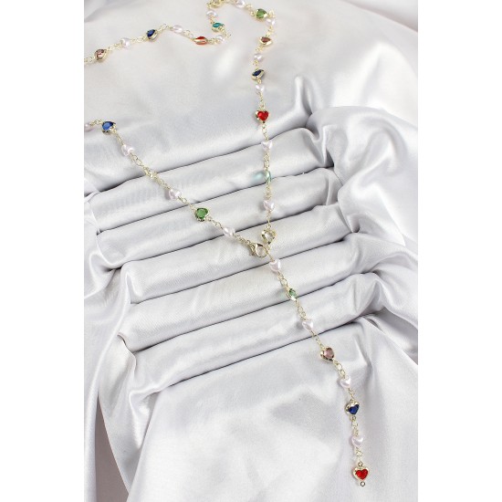 Pirinç Gold Renk İncili Zirkon Taşlı Kalpli Y Kadın Kolye - TJ-BKO10299