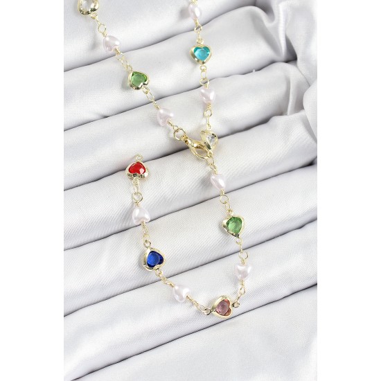 Pirinç Gold Renk İncili Zirkon Taşlı Kalpli Y Kadın Kolye - TJ-BKO10299