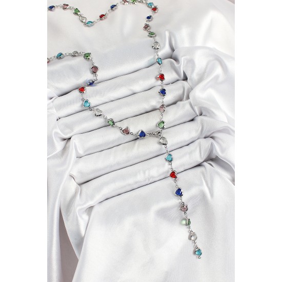 Pirinç Gümüş Renk Karışık Renk Zirkon Taşlı Kalpli Y Kadın Kolye - TJ-BKO10302