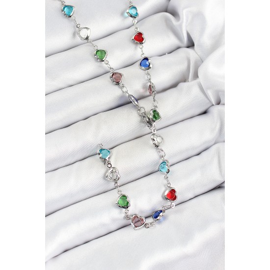 Pirinç Gümüş Renk Karışık Renk Zirkon Taşlı Kalpli Y Kadın Kolye - TJ-BKO10302