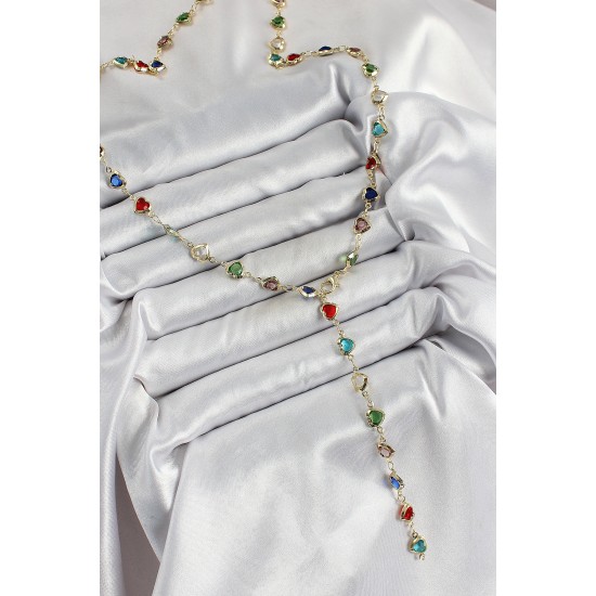 Pirinç Gold Renk Karışık Renk Zirkon Taşlı Kalpli Y Kadın Kolye - TJ-BKO10303