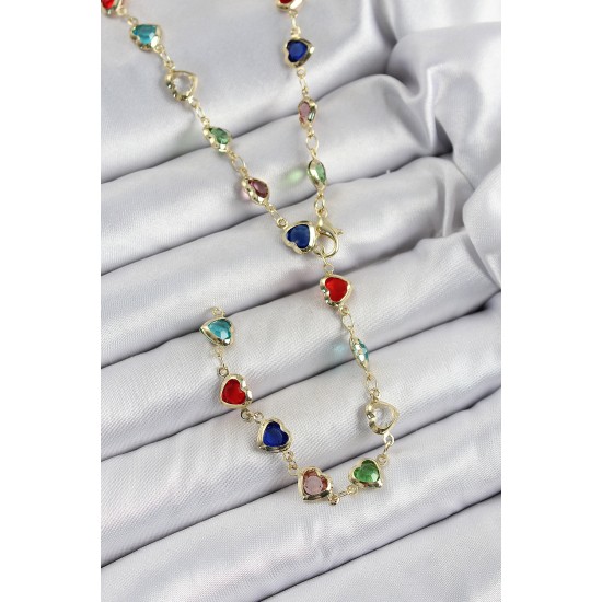 Pirinç Gold Renk Karışık Renk Zirkon Taşlı Kalpli Y Kadın Kolye - TJ-BKO10303