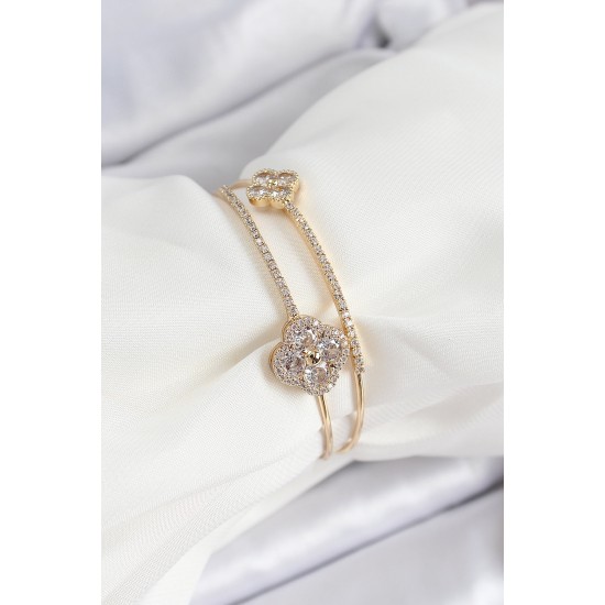 Pirinç Gold Renk Zirkon Taşlı Yonca Model 2'li Kadın Bileklik - TJ-BB7059