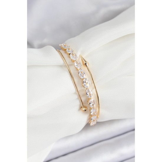 Pirinç Gold Renk Arpa Zirkon Taşlı Kadın Bileklik - TJ-BB7060