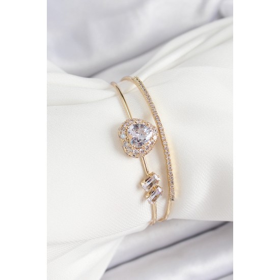 Pirinç Gold Renk Kalpli Zirkon Taşlı Kadın Bileklik - TJ-BB7061